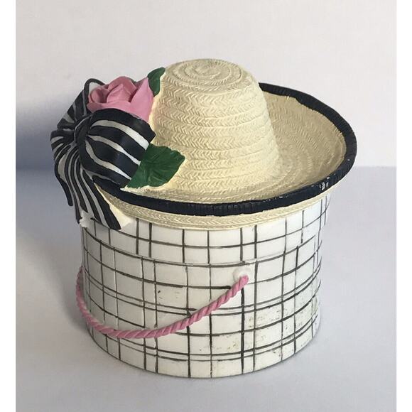 Vintage Women's Hat Ceramic Trinket Box Artisan Flair Pink Rose Bow Novelty - Picture 2 of 12